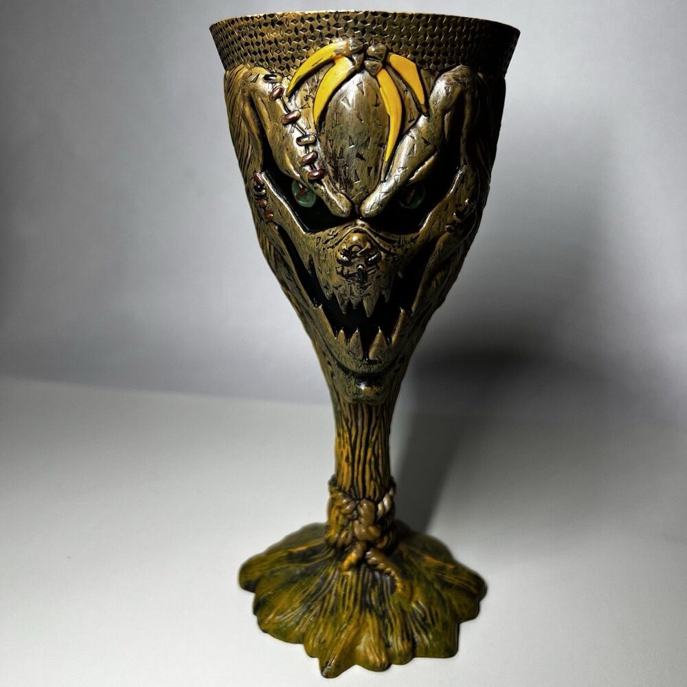 Vtg Halloween Scarecrow Plastic Goblet Cup Evil Face Spooky Tree Chalice 7.5"